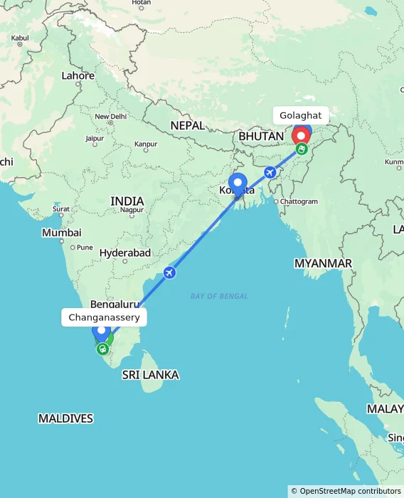 Route map showing distance and travel time from Changanassery, India to Golaghat, India
