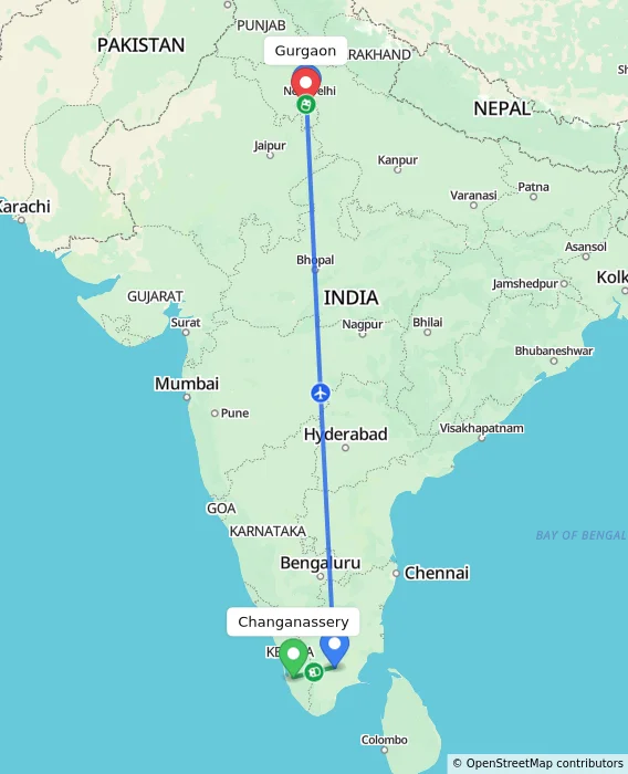 Route map showing distance and travel time from Changanassery, India to Gurgaon, India