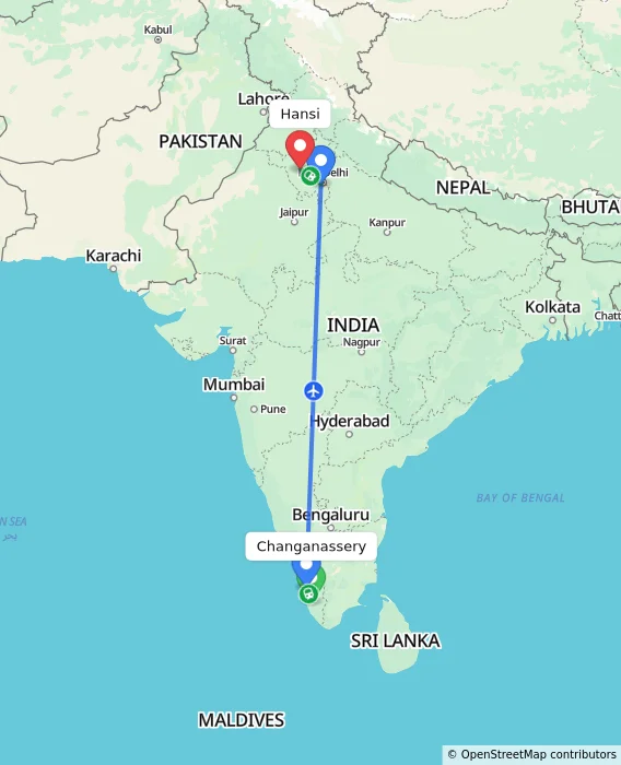 Route map showing distance and travel time from Changanassery, India to Hansi, India