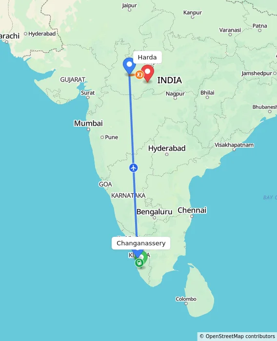 Route map showing distance and travel time from Changanassery, India to Harda, India