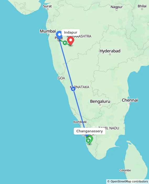 Route map showing distance and travel time from Changanassery, India to Indapur, India