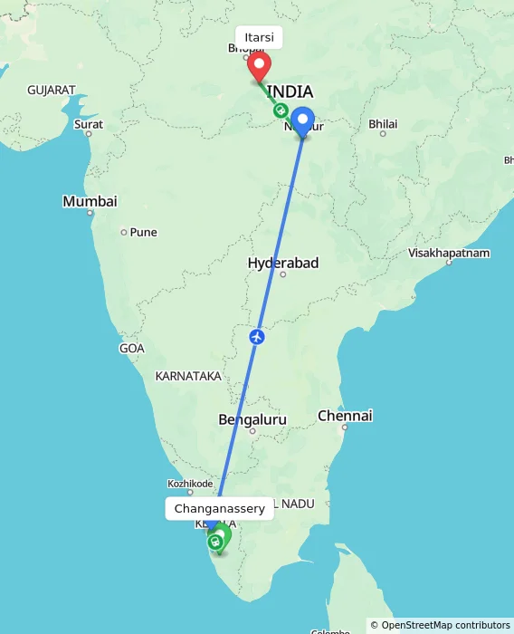 Route map showing distance and travel time from Changanassery, India to Itarsi, India