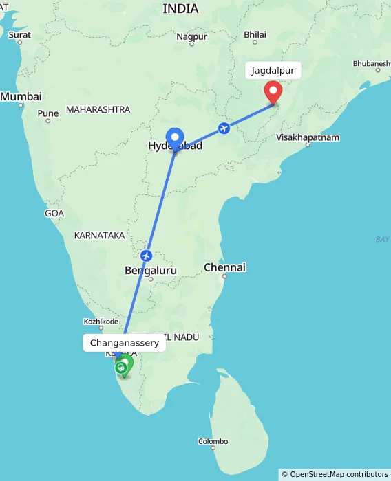 Route map showing distance and travel time from Changanassery, India to Jagdalpur, India