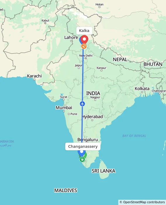 Route map showing distance and travel time from Changanassery, India to Kalka, India