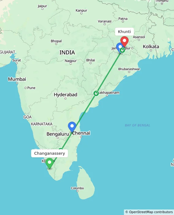 Route map showing distance and travel time from Changanassery, India to Khunti, India