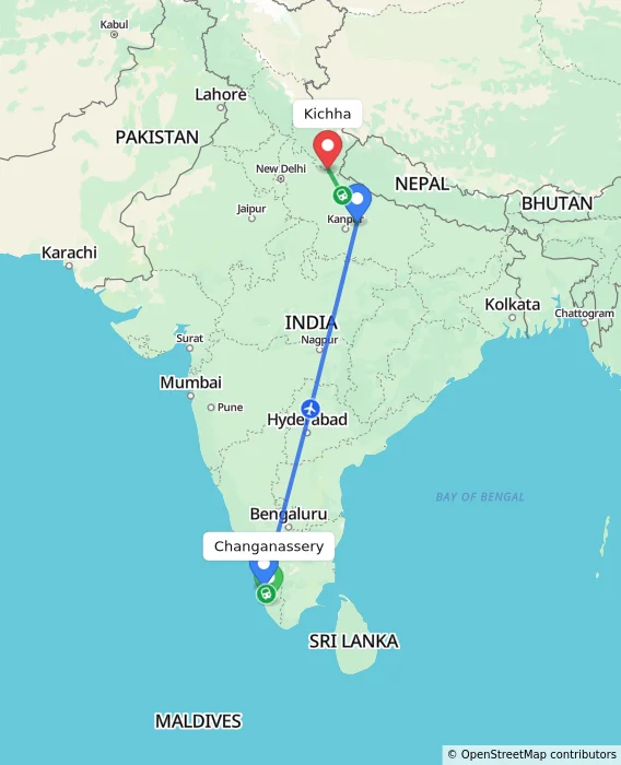 Route map showing distance and travel time from Changanassery, India to Kichha, India