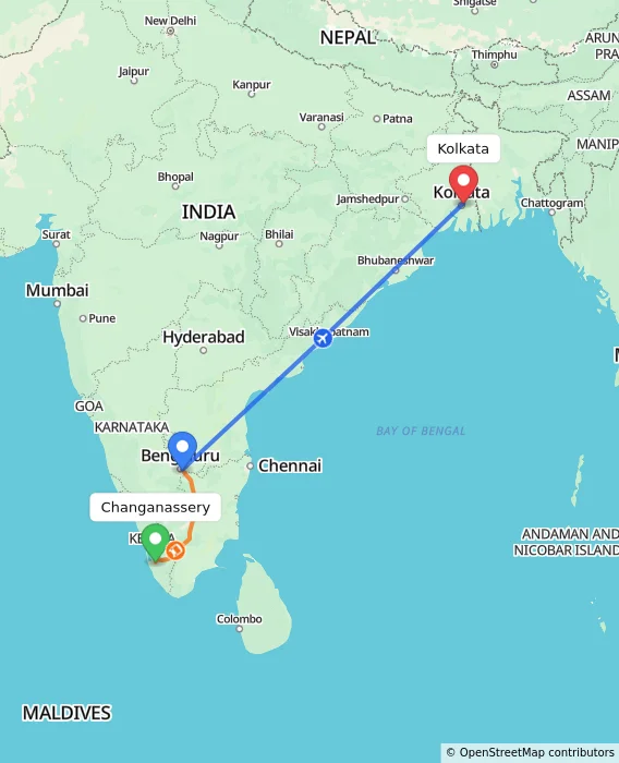Route map showing distance and travel time from Changanassery, India to Kolkata, India