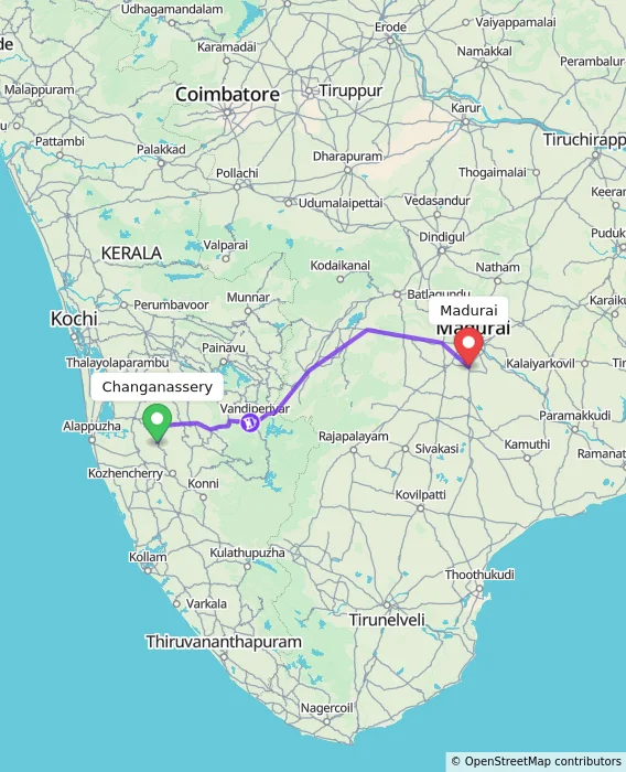 Route map showing distance and travel time from Changanassery, India to Madurai, India
