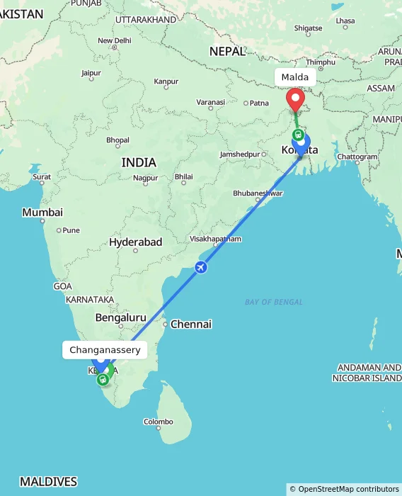 Route map showing distance and travel time from Changanassery, India to Malda, India