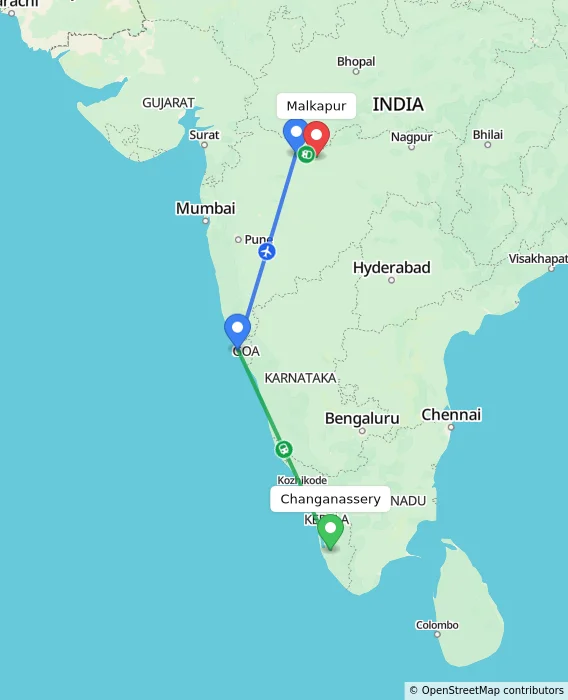 Route map showing distance and travel time from Changanassery, India to Malkapur, India