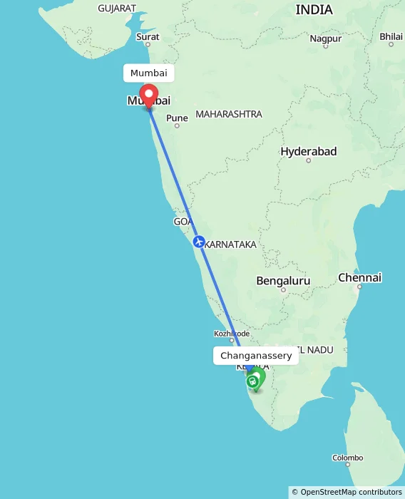Route map showing distance and travel time from Changanassery, India to Mumbai, India