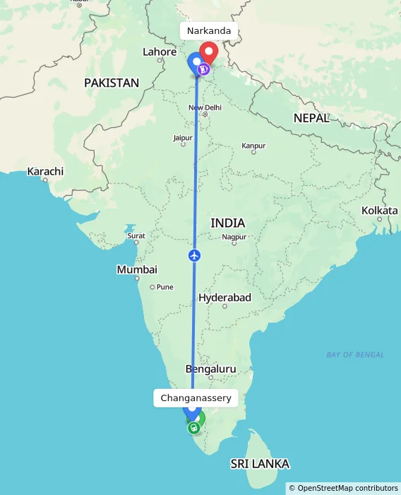 Route map showing distance and travel time from Changanassery, India to Narkanda, India