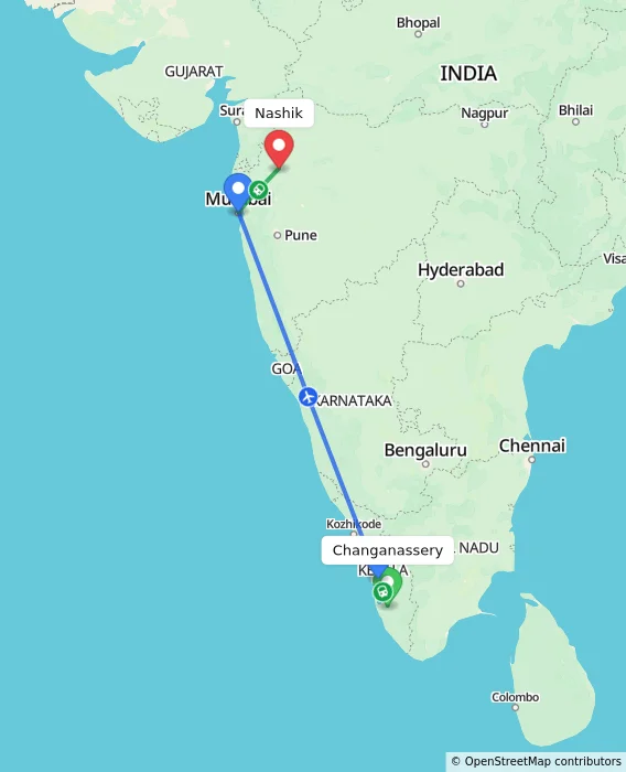 Route map showing distance and travel time from Changanassery, India to Nashik, India