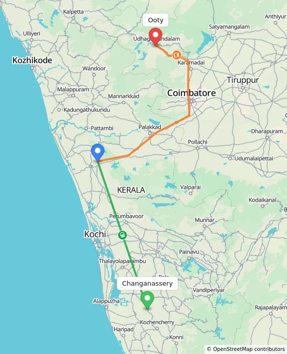 Route map showing distance and travel time from Changanassery, India to Ooty, India