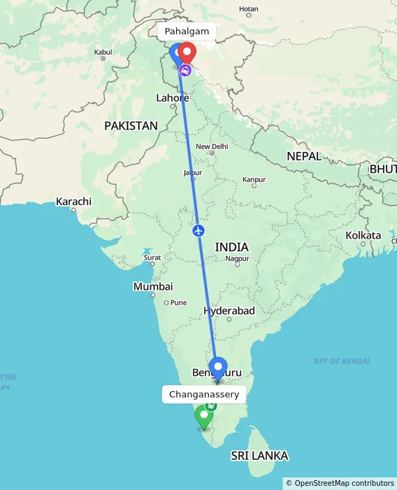 Route map showing distance and travel time from Changanassery, India to Pahalgam, India