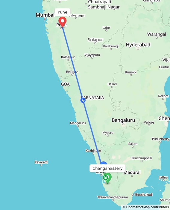 Route map showing distance and travel time from Changanassery, India to Pune, India