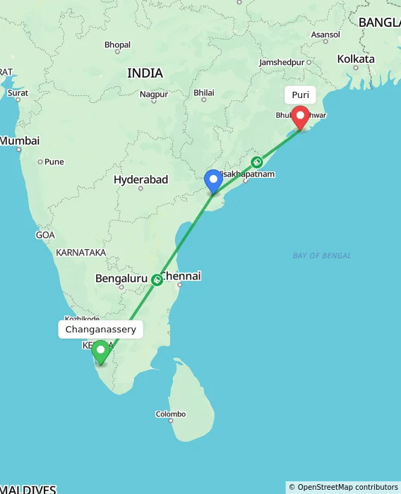 Route map showing distance and travel time from Changanassery, India to Puri, India