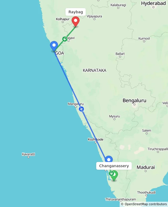 Route map showing distance and travel time from Changanassery, India to Raybag, India
