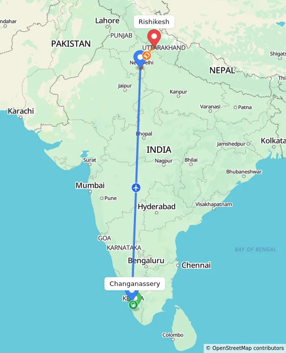 Route map showing distance and travel time from Changanassery, India to Rishikesh, India