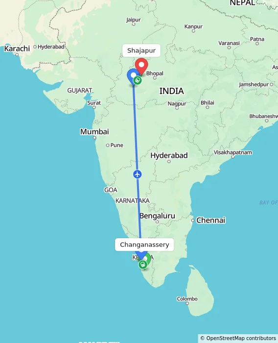Route map showing distance and travel time from Changanassery, India to Shajapur, India