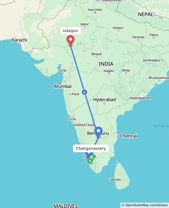 Route map showing distance and travel time from Changanassery, India to Udaipur, India