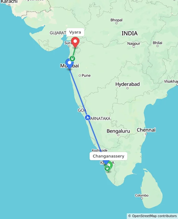 Route map showing distance and travel time from Changanassery, India to Vyara, India