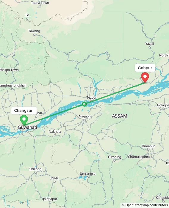 Route map showing distance and travel time from Changsari, India to Gohpur, India