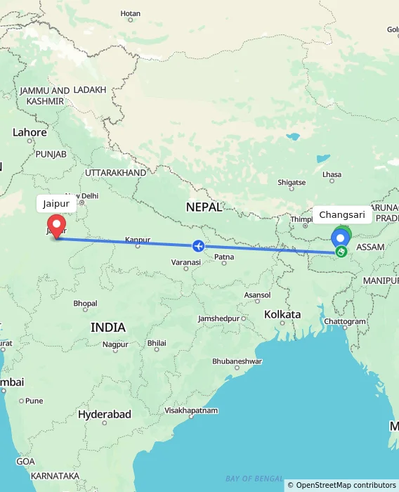 Route map showing distance and travel time from Changsari, India to Jaipur, India