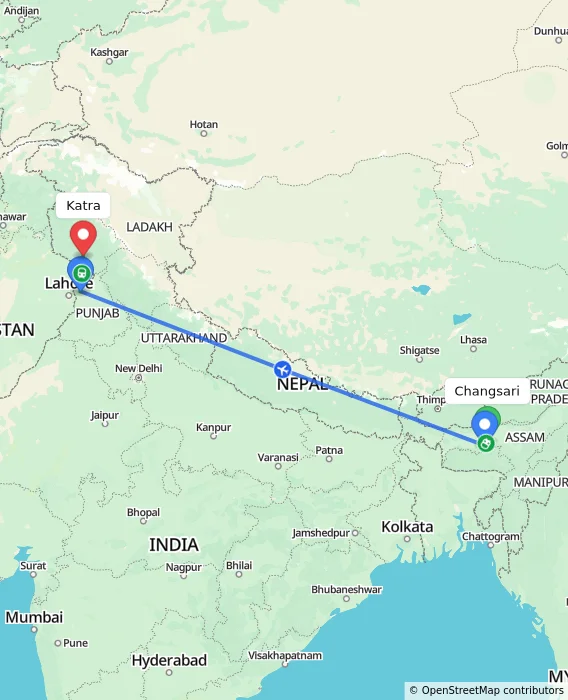Route map showing distance and travel time from Changsari, India to Katra, India