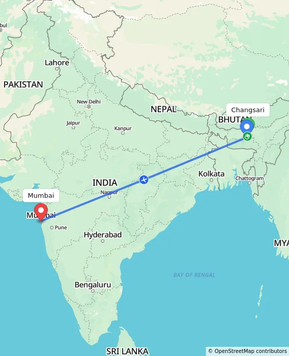 Route map showing distance and travel time from Changsari, India to Mumbai, India