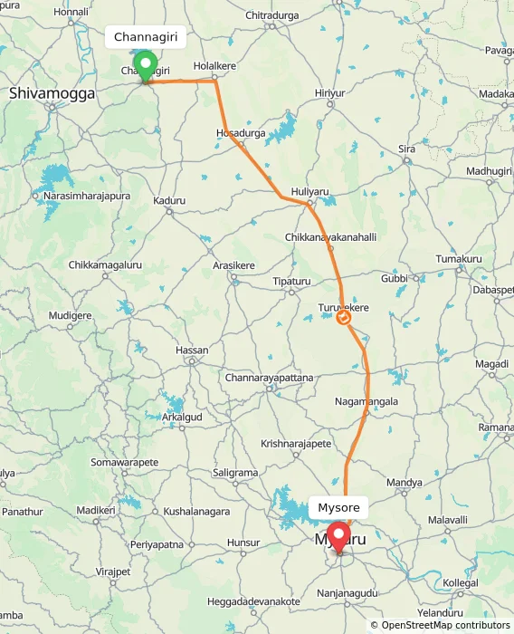 Route map showing distance and travel time from Channagiri, India to Mysore, India