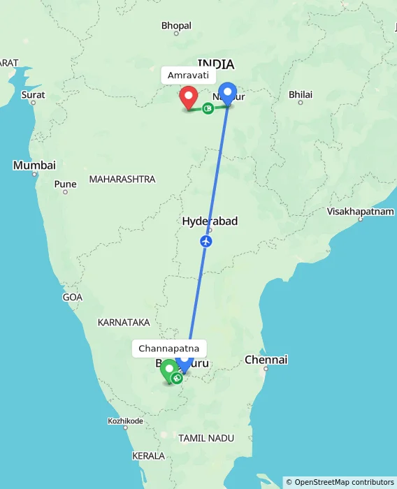 Route map showing distance and travel time from Channapatna, India to Amravati, India