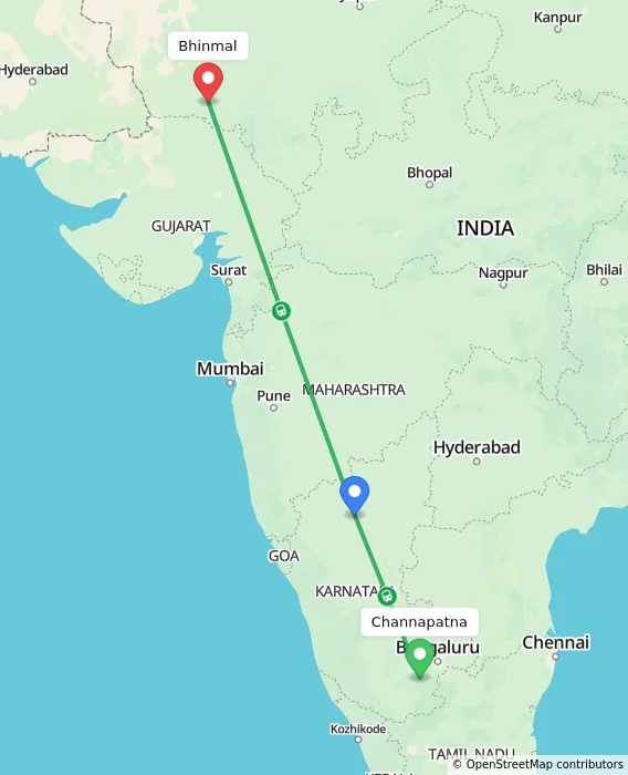 Route map showing distance and travel time from Channapatna, India to Bhinmal, India