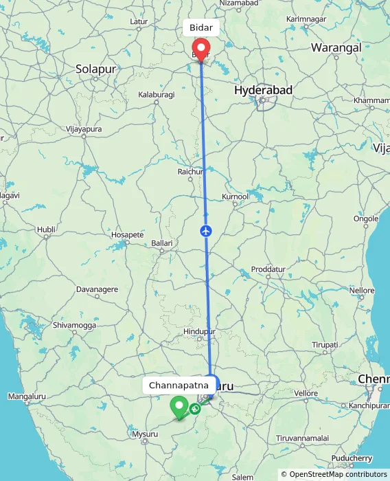 Route map showing distance and travel time from Channapatna, India to Bidar, India