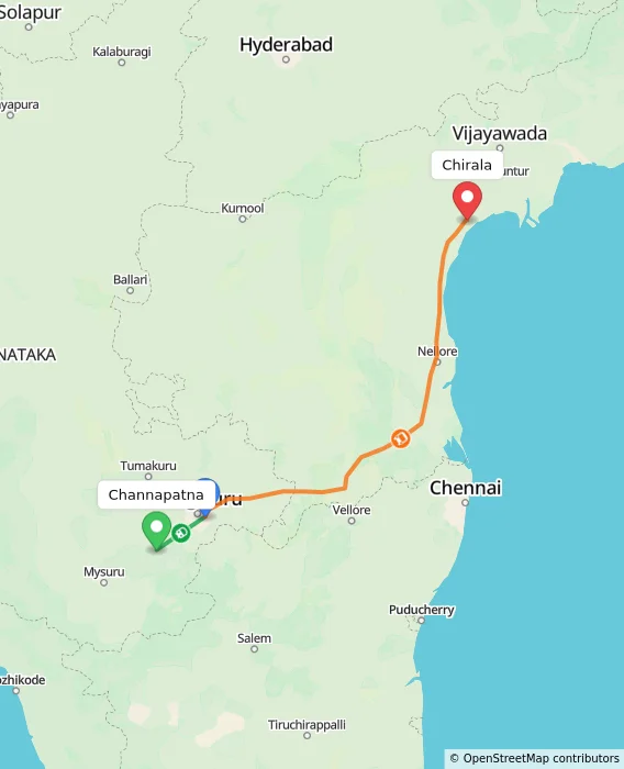 Route map showing distance and travel time from Channapatna, India to Chirala, India