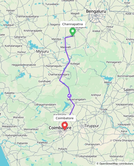 Route map showing distance and travel time from Channapatna, India to Coimbatore, India