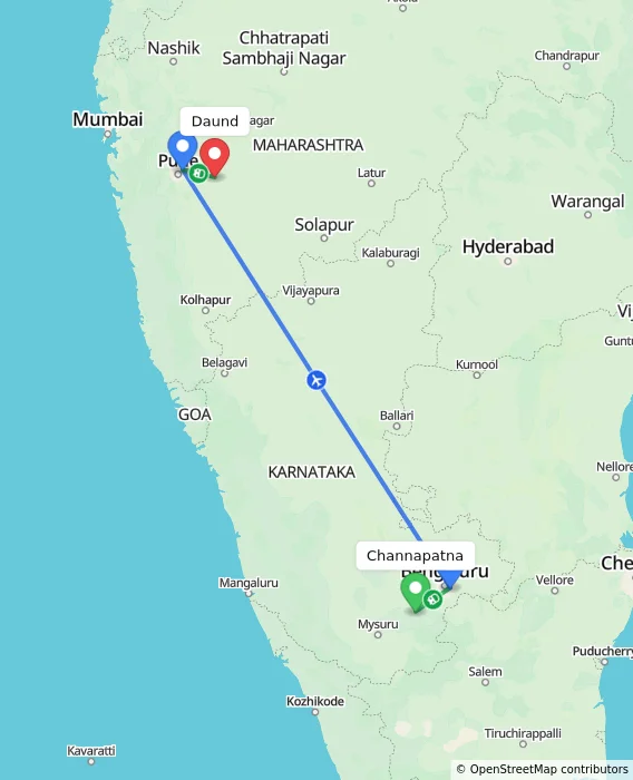 Route map showing distance and travel time from Channapatna, India to Daund, India