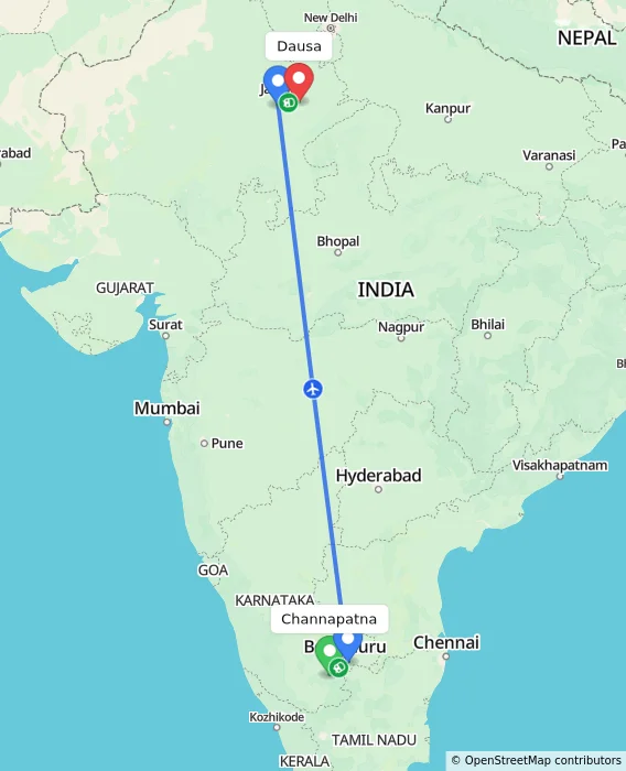 Route map showing distance and travel time from Channapatna, India to Dausa, India