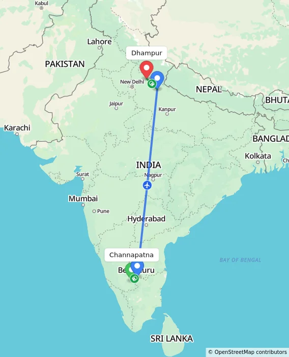 Route map showing distance and travel time from Channapatna, India to Dhampur, India