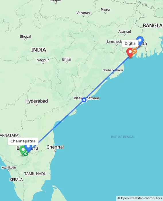 Route map showing distance and travel time from Channapatna, India to Digha, India