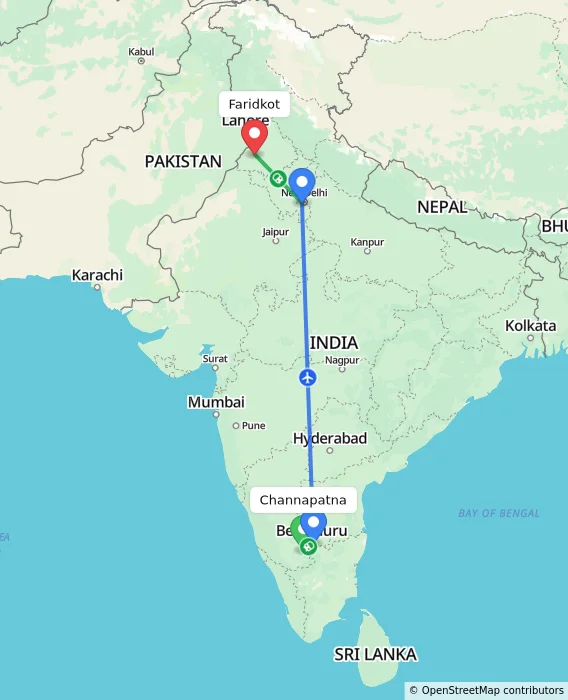 Route map showing distance and travel time from Channapatna, India to Faridkot, India