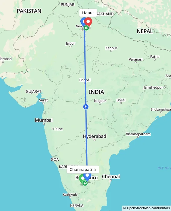 Route map showing distance and travel time from Channapatna, India to Hapur, India