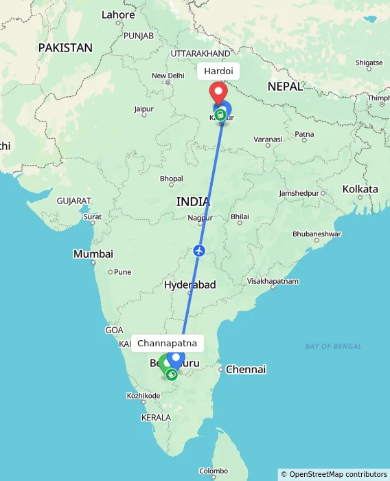 Route map showing distance and travel time from Channapatna, India to Hardoi, India