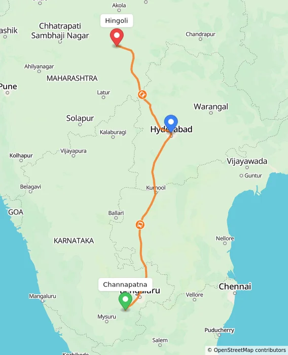Route map showing distance and travel time from Channapatna, India to Hingoli, India