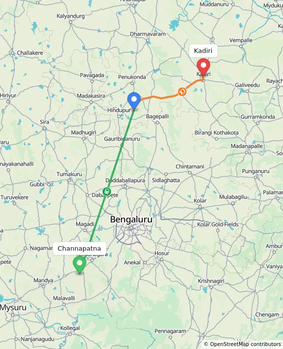 Route map showing distance and travel time from Channapatna, India to Kadiri, India