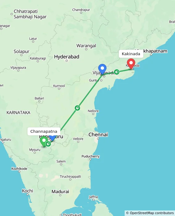 Route map showing distance and travel time from Channapatna, India to Kakinada, India