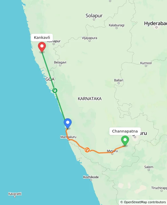 Route map showing distance and travel time from Channapatna, India to Kankavli, India