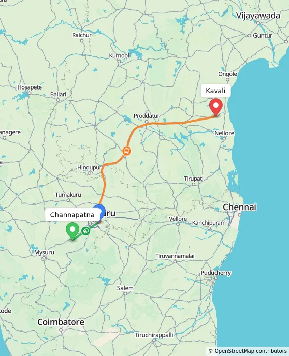 Route map showing distance and travel time from Channapatna, India to Kavali, India