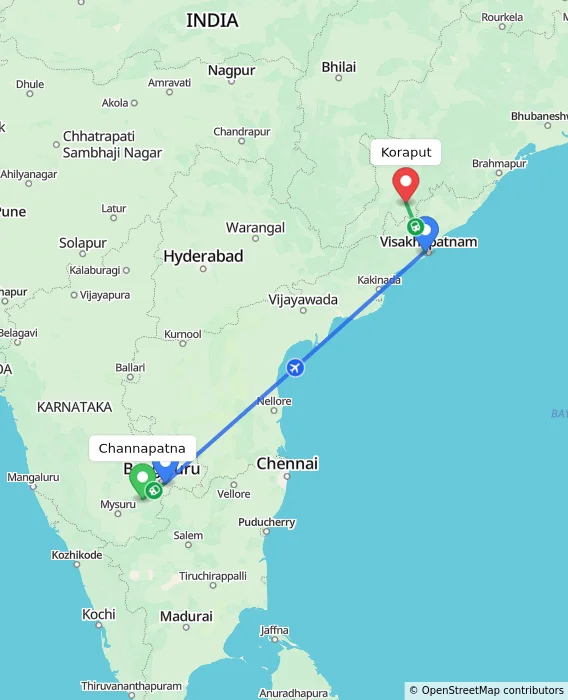 Route map showing distance and travel time from Channapatna, India to Koraput, India