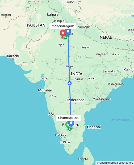Route map showing distance and travel time from Channapatna, India to Mahendragarh, India